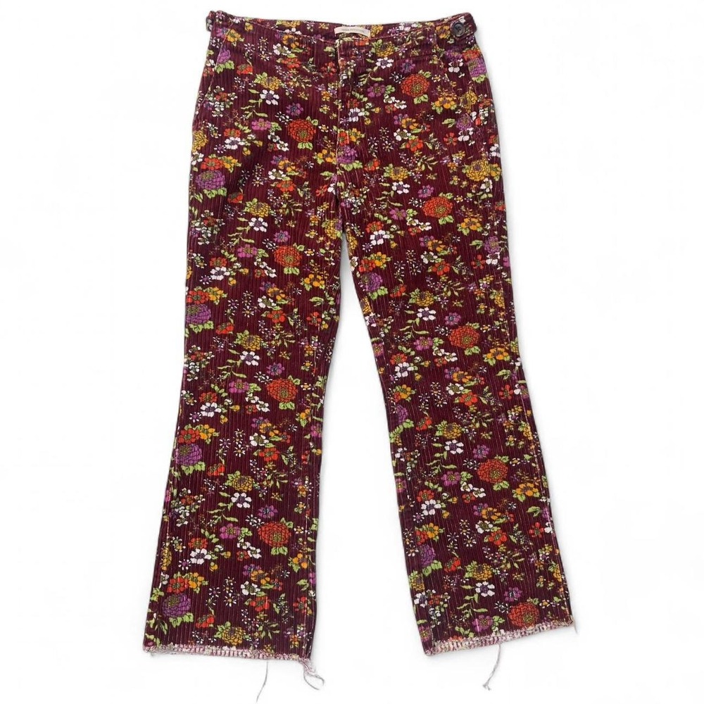 Urban Outfitters Floral Corduroy Pants Burgundy Straight Leg Raw Hem Size 4 - Picture 1 of 8